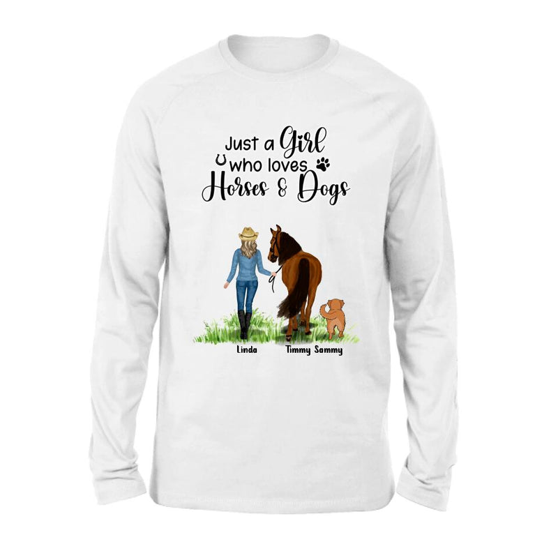Personalized Horse & Dog T-shirt - Gift Idea For Horse/Dog Lovers With Up To 2 Horses And 4 Dogs - Just A Girl Who Loves Horses & Dogs