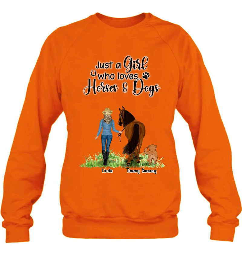 Personalized Horse & Dog T-shirt - Gift Idea For Horse/Dog Lovers With Up To 2 Horses And 4 Dogs - Just A Girl Who Loves Horses & Dogs