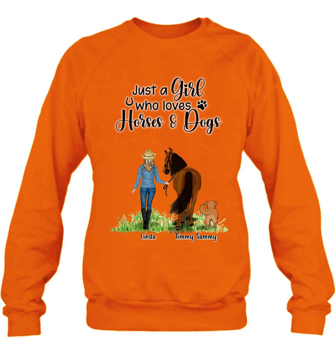 Custom Personalized Horse & Dog T-shirt - Gift Idea For Horse/Dog Lovers With Up To 2 Horses And 4 Dogs - Just A Girl Who Loves Horses & Dogs