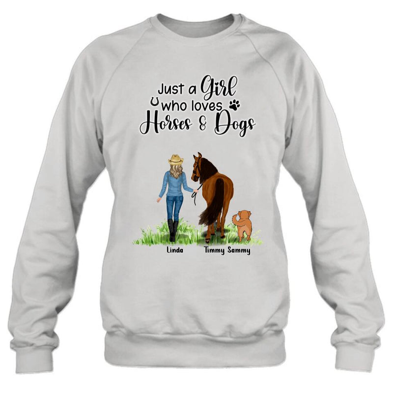 Personalized Horse & Dog T-shirt - Gift Idea For Horse/Dog Lovers With Up To 2 Horses And 4 Dogs - Just A Girl Who Loves Horses & Dogs