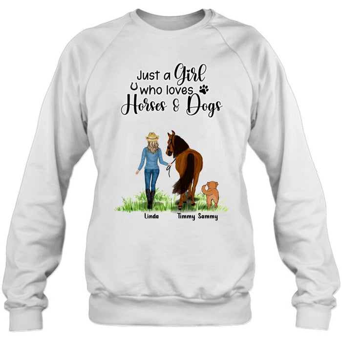 Custom Personalized Horse & Dog T-shirt - Gift Idea For Horse/Dog Lovers With Up To 2 Horses And 4 Dogs - Just A Girl Who Loves Horses & Dogs