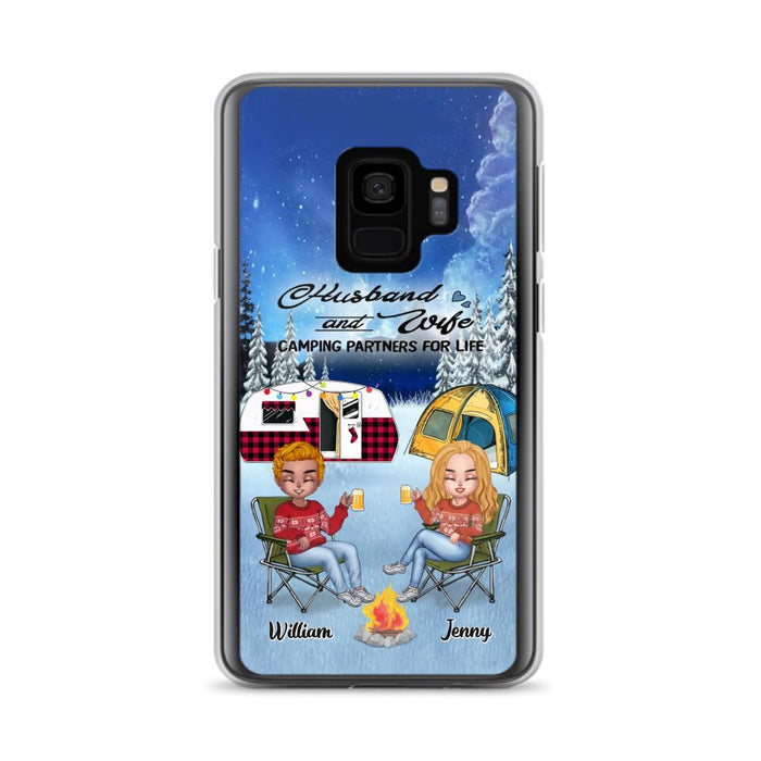 Custom Personalized Camping Couple Xmas Phone Case - Christmas Gift For Couple/ Camping Lover/ Dog Lover - Couple With Upto 4 Dogs - Husband And Wife Camping Partners For Life - Case For iPhone And Samsung