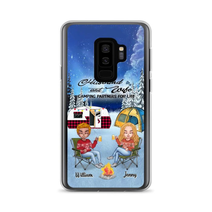 Custom Personalized Camping Couple Xmas Phone Case - Christmas Gift For Couple/ Camping Lover/ Dog Lover - Couple With Upto 4 Dogs - Husband And Wife Camping Partners For Life - Case For iPhone And Samsung