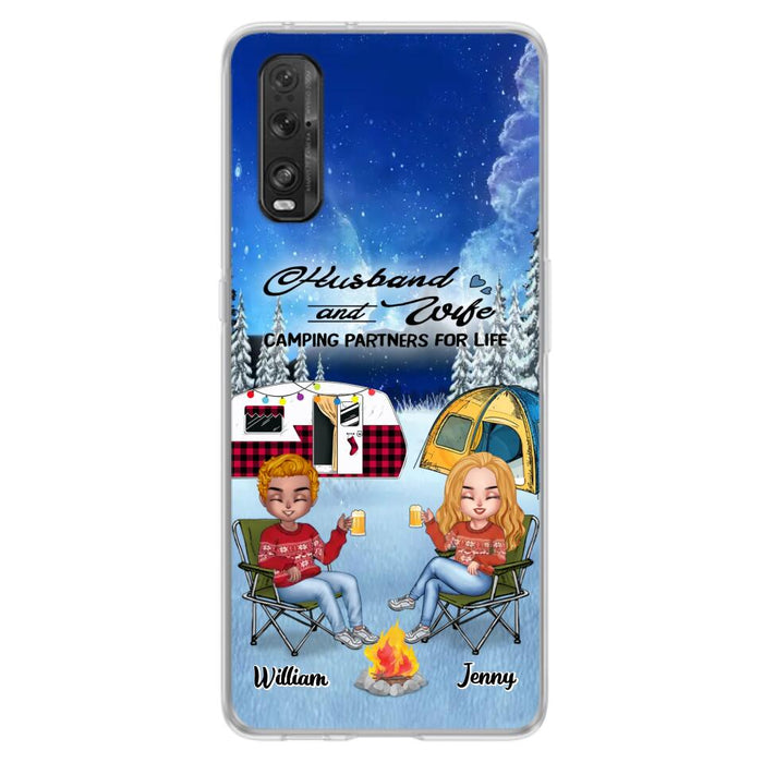 Custom Personalized Camping Couple Xmas Phone Case - Christmas Gift For Couple/ Camping Lover/ Dog Lover - Couple With Upto 4 Dogs - Husband And Wife Camping Partners For Life - Case For Xiaomi, Oppo And Huawei