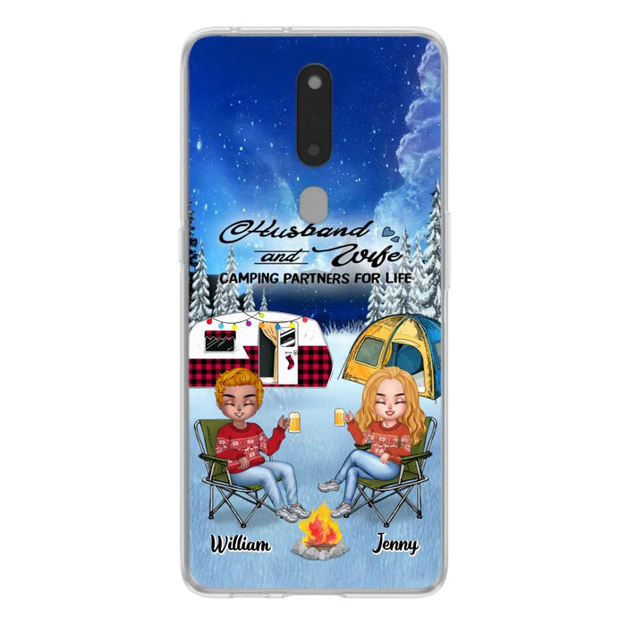 Custom Personalized Camping Couple Xmas Phone Case - Christmas Gift For Couple/ Camping Lover/ Dog Lover - Couple With Upto 4 Dogs - Husband And Wife Camping Partners For Life - Case For Xiaomi, Oppo And Huawei