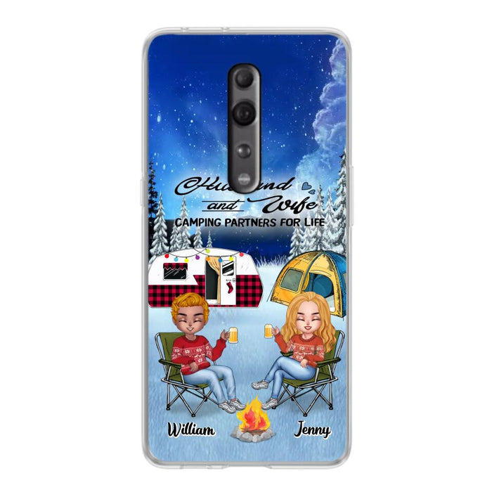 Custom Personalized Camping Couple Xmas Phone Case - Christmas Gift For Couple/ Camping Lover/ Dog Lover - Couple With Upto 4 Dogs - Husband And Wife Camping Partners For Life - Case For Xiaomi, Oppo And Huawei