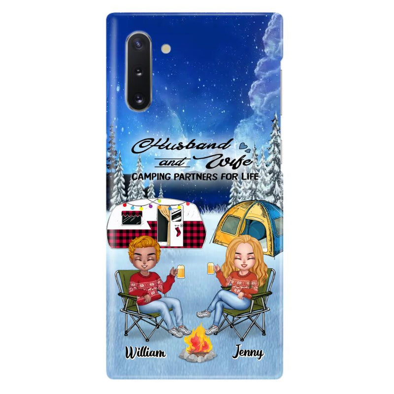 Personalized Camping Couple Xmas Phone Case - Christmas Gift For Couple/Camping Lover/ Dog Lover - Couple With Up to 4 Dogs - Husband And Wife Camping Partners For Life - Case For iPhone And Samsung