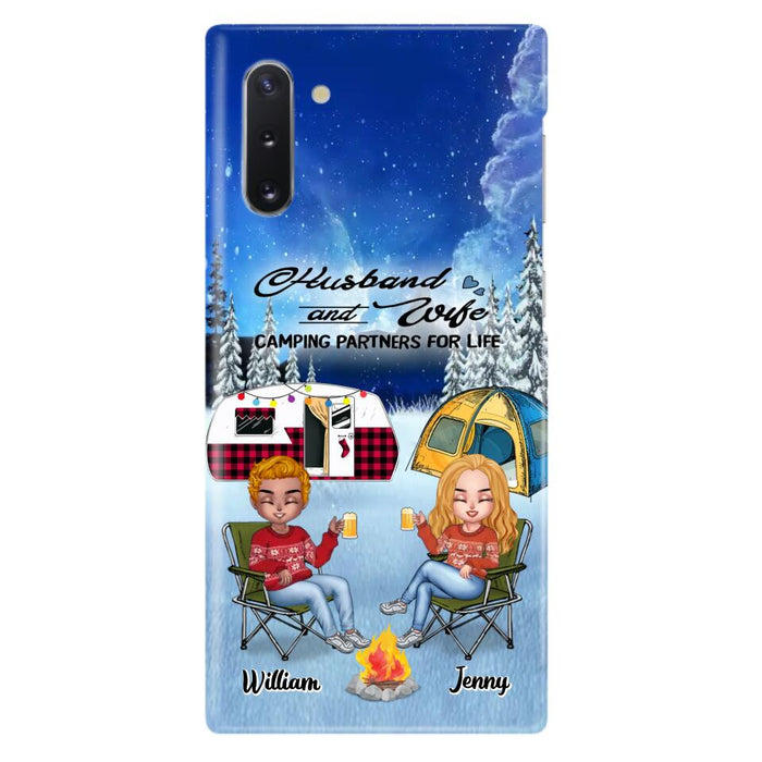 Custom Personalized Camping Couple Xmas Phone Case - Christmas Gift For Couple/ Camping Lover/ Dog Lover - Couple With Upto 4 Dogs - Husband And Wife Camping Partners For Life - Case For iPhone And Samsung