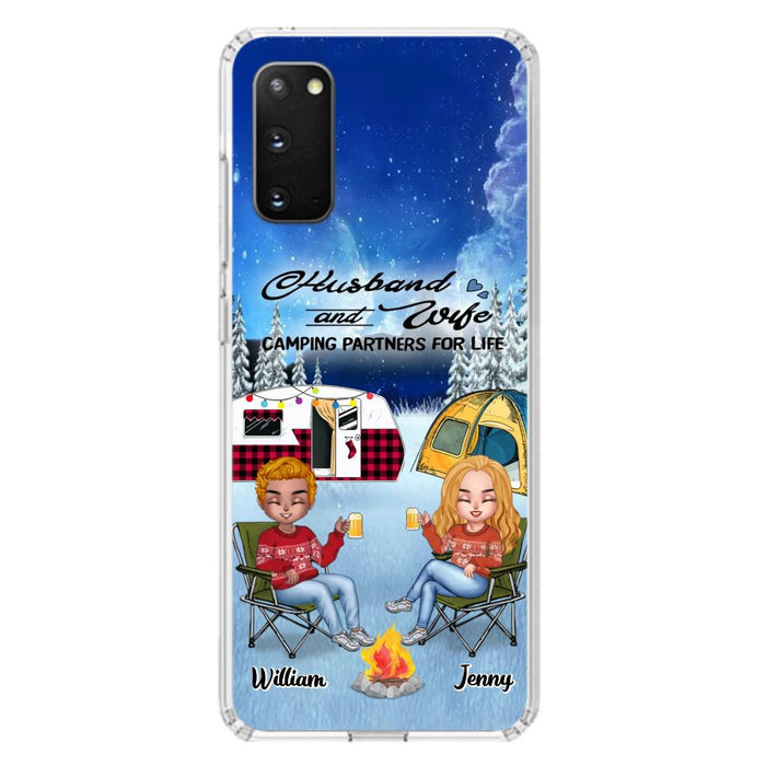 Custom Personalized Camping Couple Xmas Phone Case - Christmas Gift For Couple/ Camping Lover/ Dog Lover - Couple With Upto 4 Dogs - Husband And Wife Camping Partners For Life - Case For iPhone And Samsung