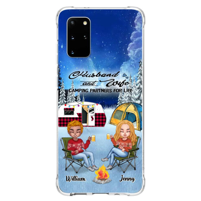 Custom Personalized Camping Couple Xmas Phone Case - Christmas Gift For Couple/ Camping Lover/ Dog Lover - Couple With Upto 4 Dogs - Husband And Wife Camping Partners For Life - Case For iPhone And Samsung