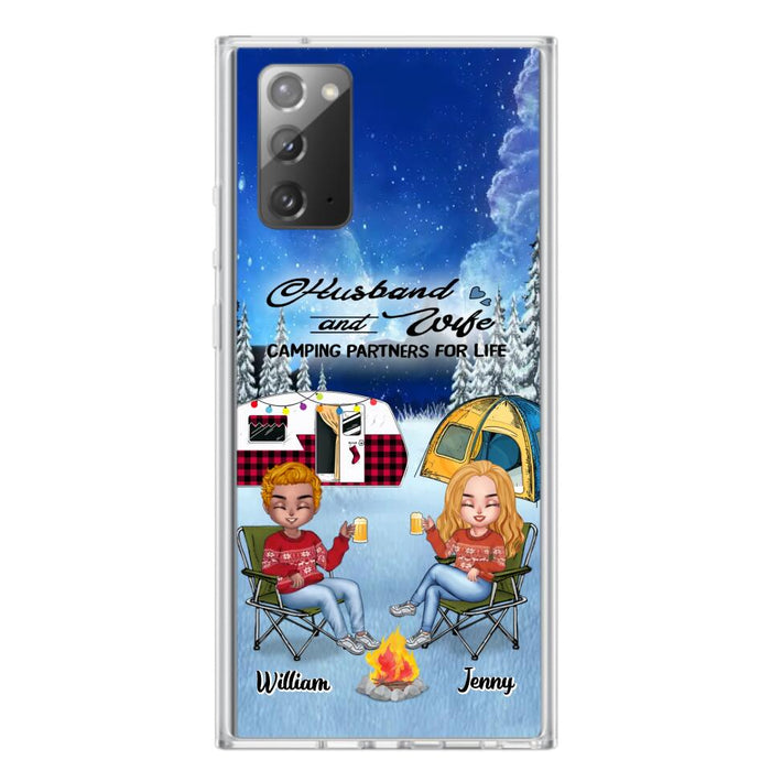 Custom Personalized Camping Couple Xmas Phone Case - Christmas Gift For Couple/ Camping Lover/ Dog Lover - Couple With Upto 4 Dogs - Husband And Wife Camping Partners For Life - Case For iPhone And Samsung