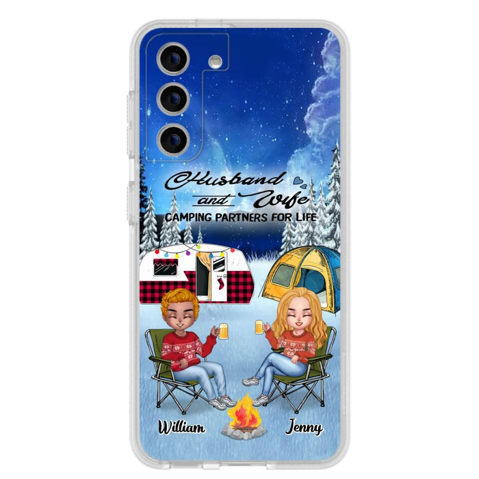 Custom Personalized Camping Couple Xmas Phone Case - Christmas Gift For Couple/ Camping Lover/ Dog Lover - Couple With Upto 4 Dogs - Husband And Wife Camping Partners For Life - Case For iPhone And Samsung