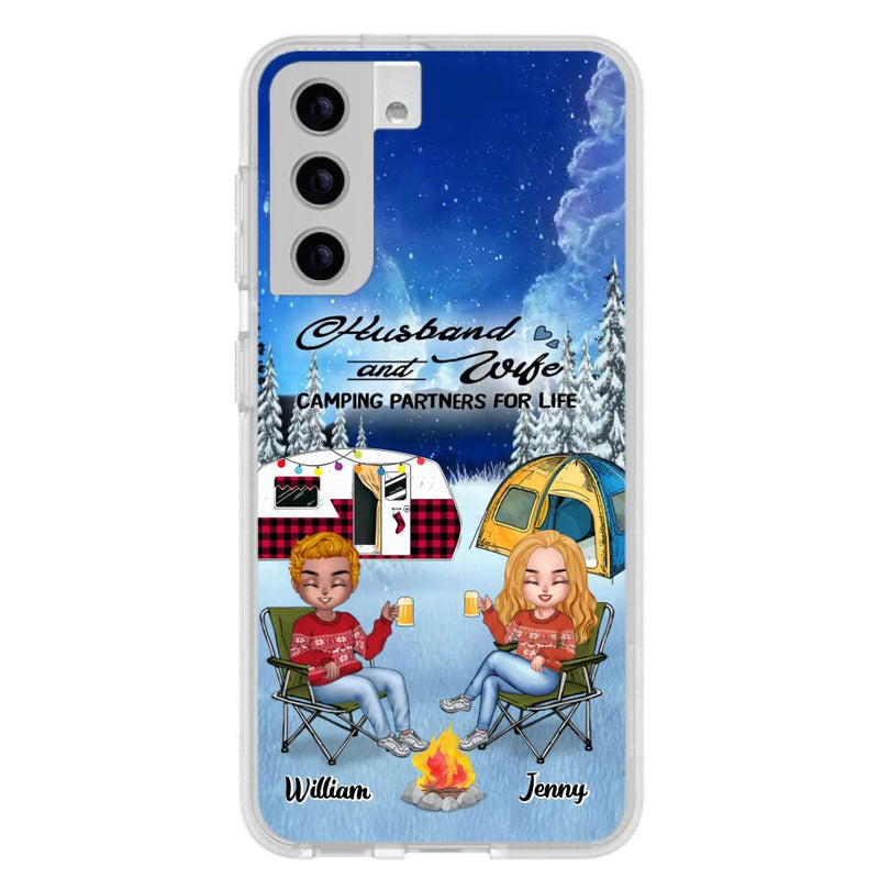 Personalized Camping Couple Xmas Phone Case - Christmas Gift For Couple/Camping Lover/ Dog Lover - Couple With Up to 4 Dogs - Husband And Wife Camping Partners For Life - Case For iPhone And Samsung