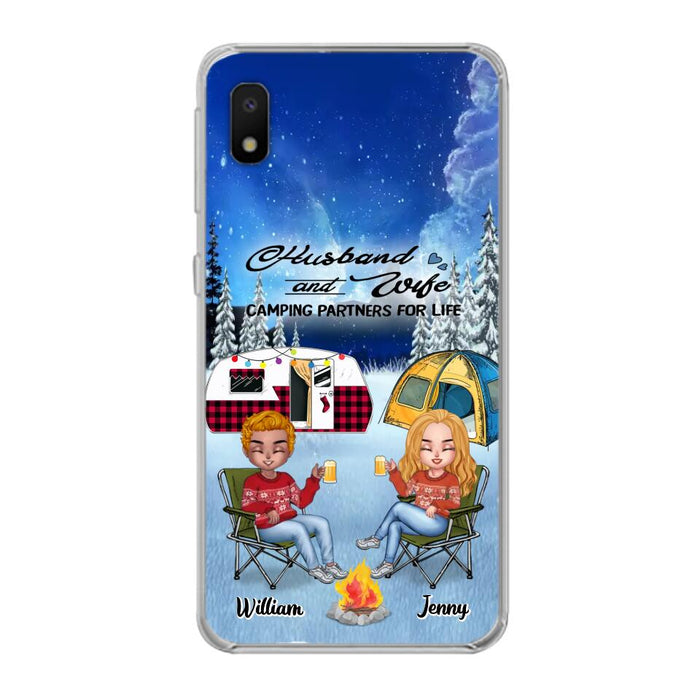 Custom Personalized Camping Couple Xmas Phone Case - Christmas Gift For Couple/ Camping Lover/ Dog Lover - Couple With Upto 4 Dogs - Husband And Wife Camping Partners For Life - Case For iPhone And Samsung