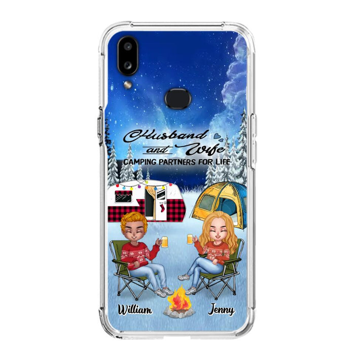 Custom Personalized Camping Couple Xmas Phone Case - Christmas Gift For Couple/ Camping Lover/ Dog Lover - Couple With Upto 4 Dogs - Husband And Wife Camping Partners For Life - Case For iPhone And Samsung