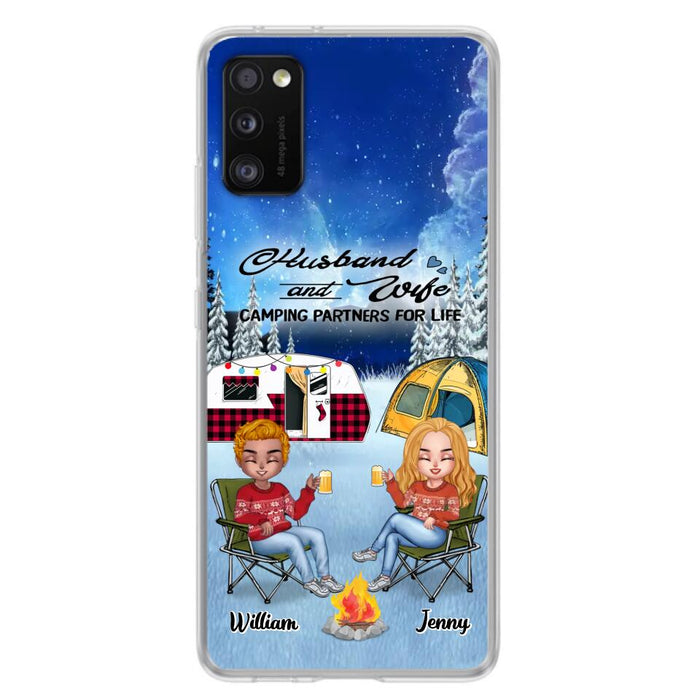 Custom Personalized Camping Couple Xmas Phone Case - Christmas Gift For Couple/ Camping Lover/ Dog Lover - Couple With Upto 4 Dogs - Husband And Wife Camping Partners For Life - Case For iPhone And Samsung