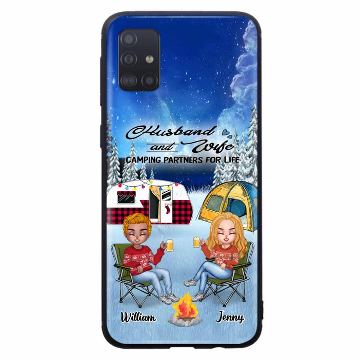 Custom Personalized Camping Couple Xmas Phone Case - Christmas Gift For Couple/ Camping Lover/ Dog Lover - Couple With Upto 4 Dogs - Husband And Wife Camping Partners For Life - Case For iPhone And Samsung