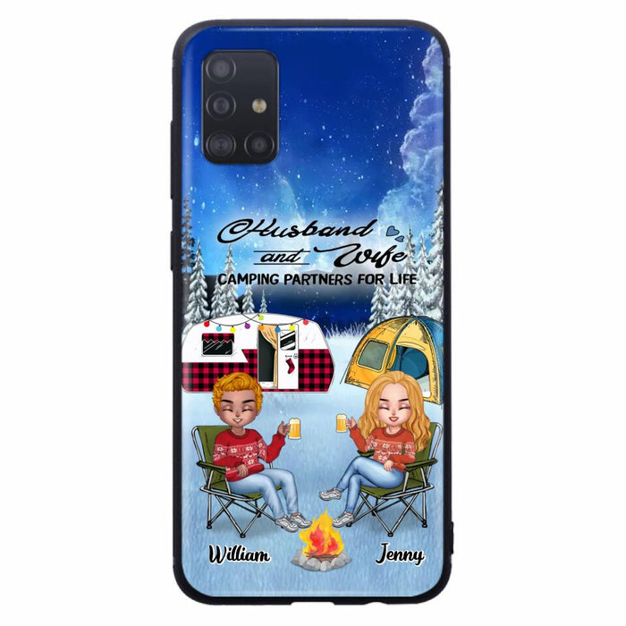 Custom Personalized Camping Couple Xmas Phone Case - Christmas Gift For Couple/ Camping Lover/ Dog Lover - Couple With Upto 4 Dogs - Husband And Wife Camping Partners For Life - Case For iPhone And Samsung