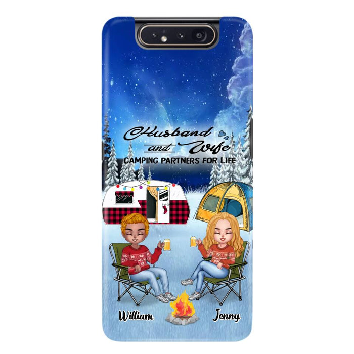 Custom Personalized Camping Couple Xmas Phone Case - Christmas Gift For Couple/ Camping Lover/ Dog Lover - Couple With Upto 4 Dogs - Husband And Wife Camping Partners For Life - Case For iPhone And Samsung