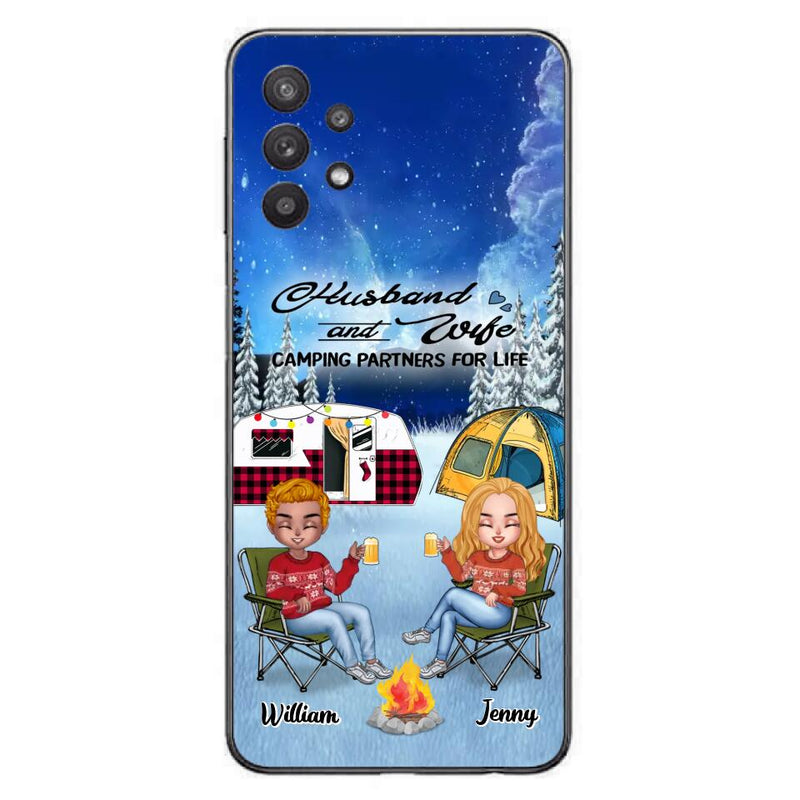 Personalized Camping Couple Xmas Phone Case - Christmas Gift For Couple/Camping Lover/ Dog Lover - Couple With Up to 4 Dogs - Husband And Wife Camping Partners For Life - Case For iPhone And Samsung