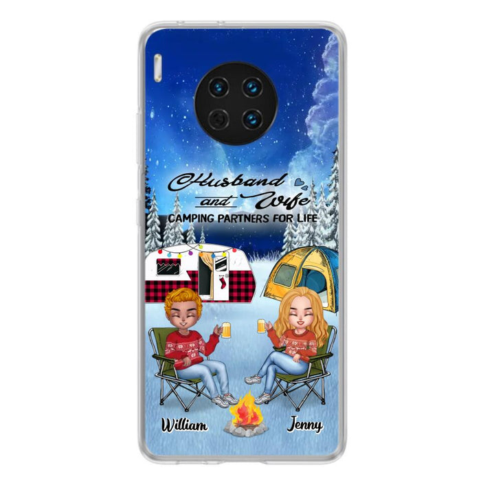 Custom Personalized Camping Couple Xmas Phone Case - Christmas Gift For Couple/ Camping Lover/ Dog Lover - Couple With Upto 4 Dogs - Husband And Wife Camping Partners For Life - Case For Xiaomi, Oppo And Huawei