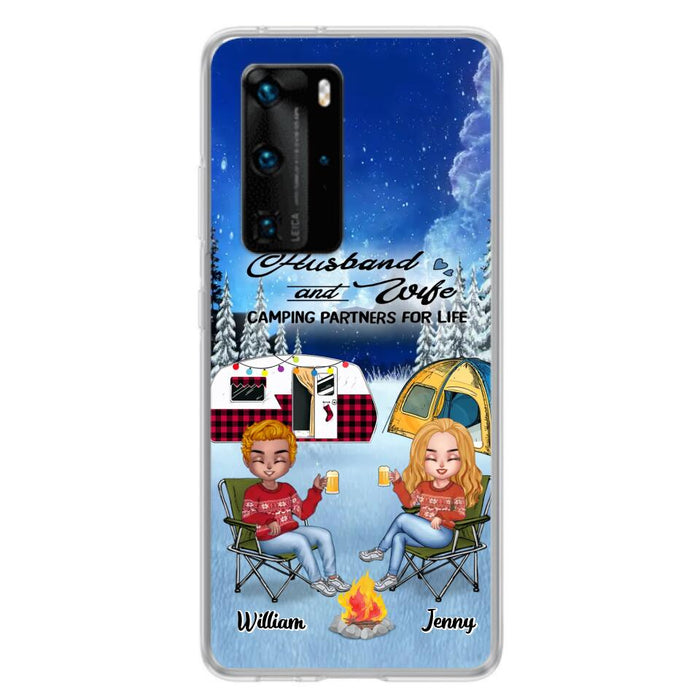 Custom Personalized Camping Couple Xmas Phone Case - Christmas Gift For Couple/ Camping Lover/ Dog Lover - Couple With Upto 4 Dogs - Husband And Wife Camping Partners For Life - Case For Xiaomi, Oppo And Huawei