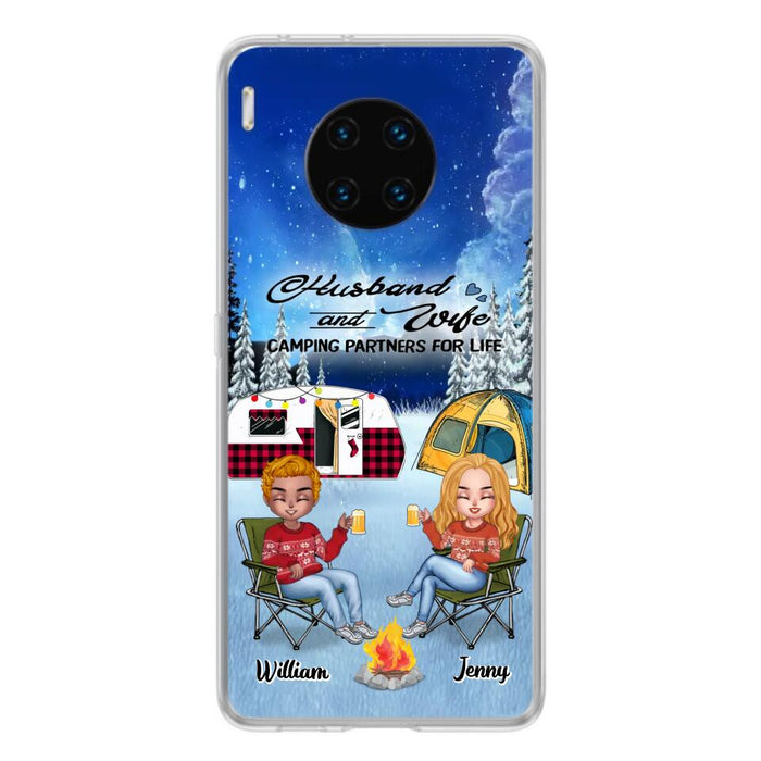 Custom Personalized Camping Couple Xmas Phone Case - Christmas Gift For Couple/ Camping Lover/ Dog Lover - Couple With Upto 4 Dogs - Husband And Wife Camping Partners For Life - Case For Xiaomi, Oppo And Huawei