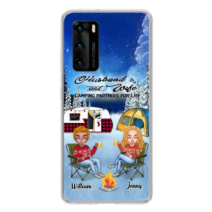 Custom Personalized Camping Couple Xmas Phone Case - Christmas Gift For Couple/ Camping Lover/ Dog Lover - Couple With Upto 4 Dogs - Husband And Wife Camping Partners For Life - Case For Xiaomi, Oppo And Huawei