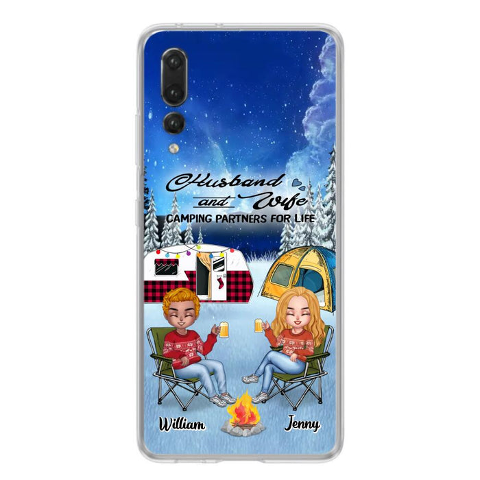 Custom Personalized Camping Couple Xmas Phone Case - Christmas Gift For Couple/ Camping Lover/ Dog Lover - Couple With Upto 4 Dogs - Husband And Wife Camping Partners For Life - Case For Xiaomi, Oppo And Huawei