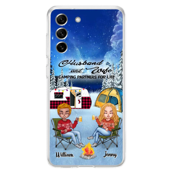 Custom Personalized Camping Couple Xmas Phone Case - Christmas Gift For Couple/ Camping Lover/ Dog Lover - Couple With Upto 4 Dogs - Husband And Wife Camping Partners For Life - Case For iPhone And Samsung