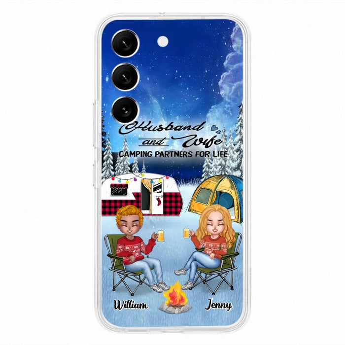 Custom Personalized Camping Couple Xmas Phone Case - Christmas Gift For Couple/ Camping Lover/ Dog Lover - Couple With Upto 4 Dogs - Husband And Wife Camping Partners For Life - Case For iPhone And Samsung