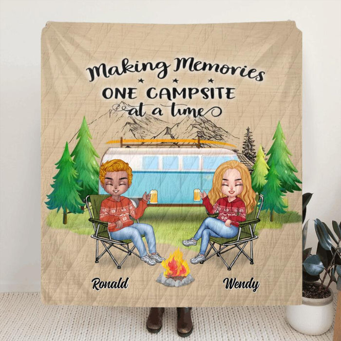 Custom Personalized Christmas Camping Quilt/Fleece Blanket/Pillow Cover - Upto 7 People - Christmas Gift For Family/ Couple/ Camping Lovers - Making Memories One Campsite At A Time