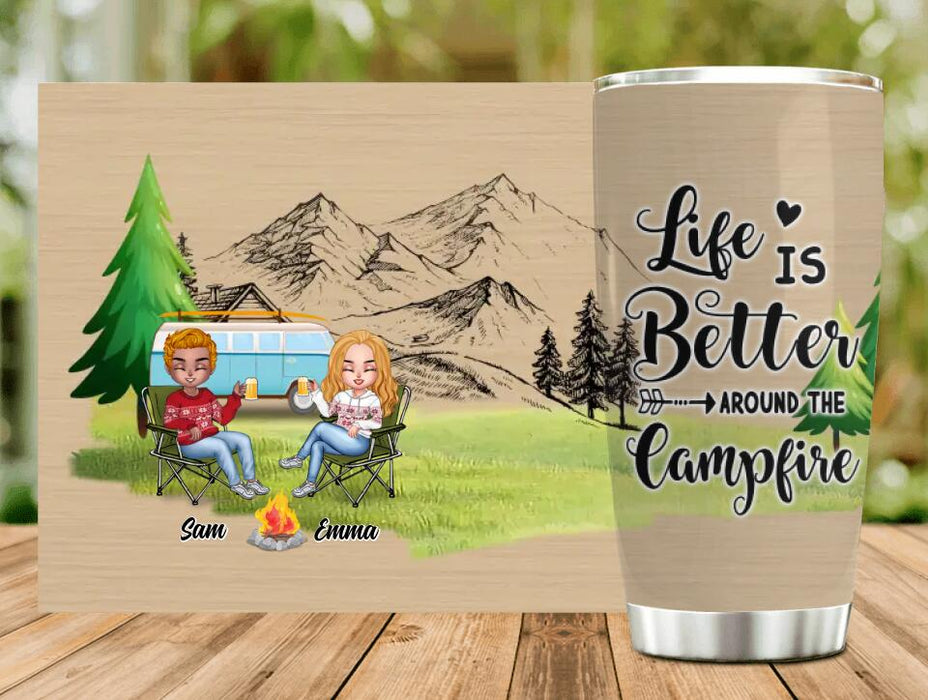 Custom Personalized Christmas Camping Tumbler - Upto 7 People - Christmas Gift For Family/ Couple/ Camping Lovers - Life Is Better Around The Campfire