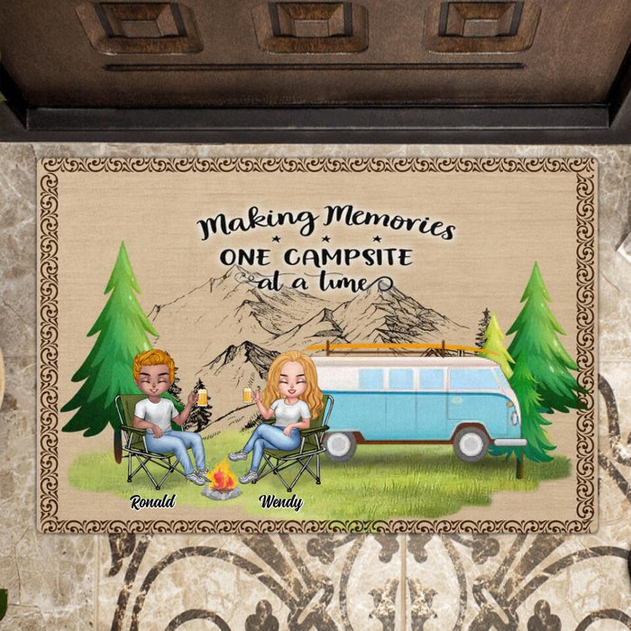 Custom Personalized Christmas Camping Doormat - Upto 7 People - Christmas Gift For Family/ Couple/ Camping Lovers - Making Memories One Campsite At A Time