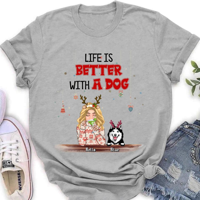 Custom Personalized Christmas Dog Mom T-shirt/ Long Sleeve/Sweatshirt/ Hoodie - Upto 5 Dogs - Christmas Gift Idea For Dog Mom/ Dog Lover - Life Is Better With Dogs