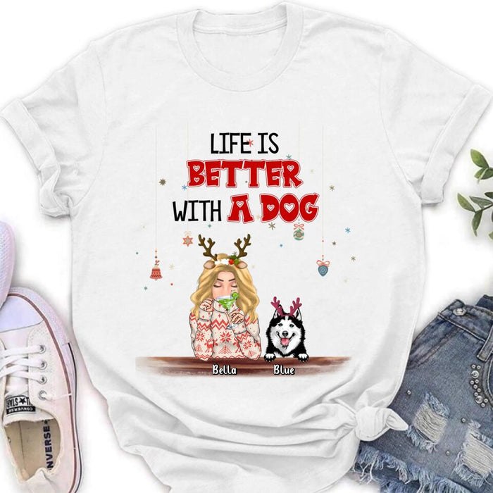 Custom Personalized Christmas Dog Mom T-shirt/ Long Sleeve/Sweatshirt/ Hoodie - Upto 5 Dogs - Christmas Gift Idea For Dog Mom/ Dog Lover - Life Is Better With Dogs