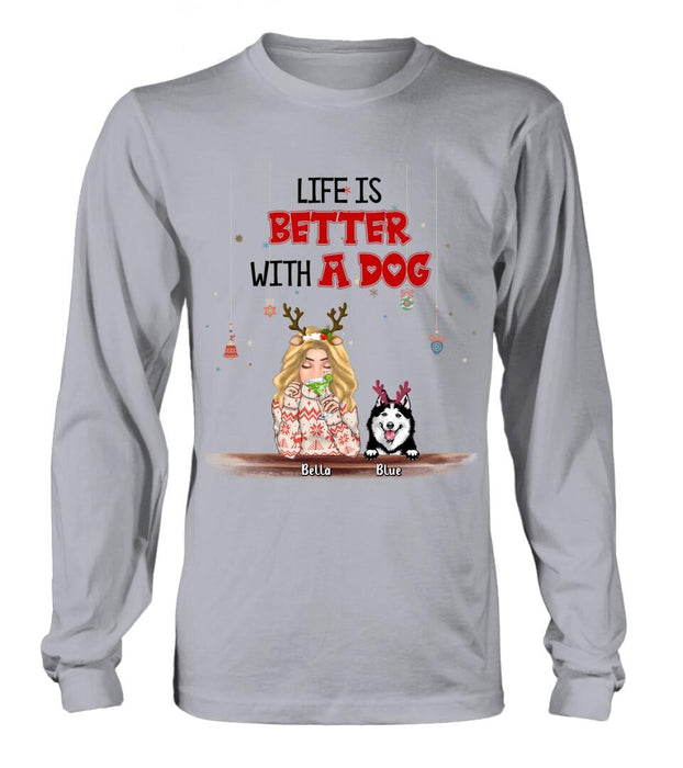 Custom Personalized Christmas Dog Mom T-shirt/ Long Sleeve/Sweatshirt/ Hoodie - Upto 5 Dogs - Christmas Gift Idea For Dog Mom/ Dog Lover - Life Is Better With Dogs