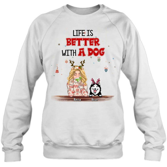 Custom Personalized Christmas Dog Mom T-shirt/ Long Sleeve/Sweatshirt/ Hoodie - Upto 5 Dogs - Christmas Gift Idea For Dog Mom/ Dog Lover - Life Is Better With Dogs