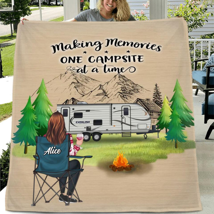 Custom Personalized Camping Quilt/Fleece Blanket/Pillow Cover - Parents with Up to 2 Kids, 3 Pets - Gift Idea For Family/ Couple/Camping Lovers - Making Memories One Campsite At A Time