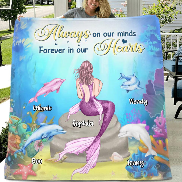 Custom Personalized Mermaid Quilt/Fleece Blanket - Upto 4 Dolphins - Gift Idea For Family - Always On Our Minds Forever In Our Hearts