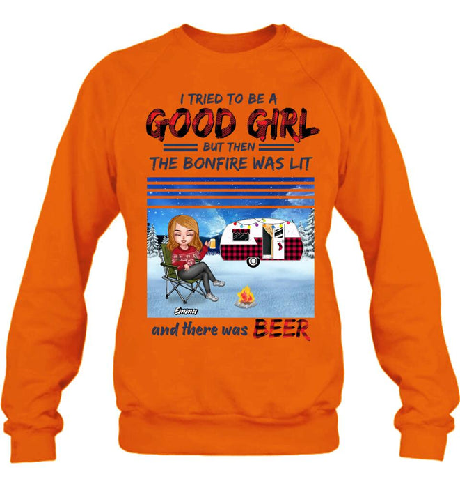 Custom Personalized Xmas Camping Girl Shirt/ Hoodie - Christmas Gift For Camping Lover - Girl With Upto 4 Dogs - I Tried To Be A Good Girl