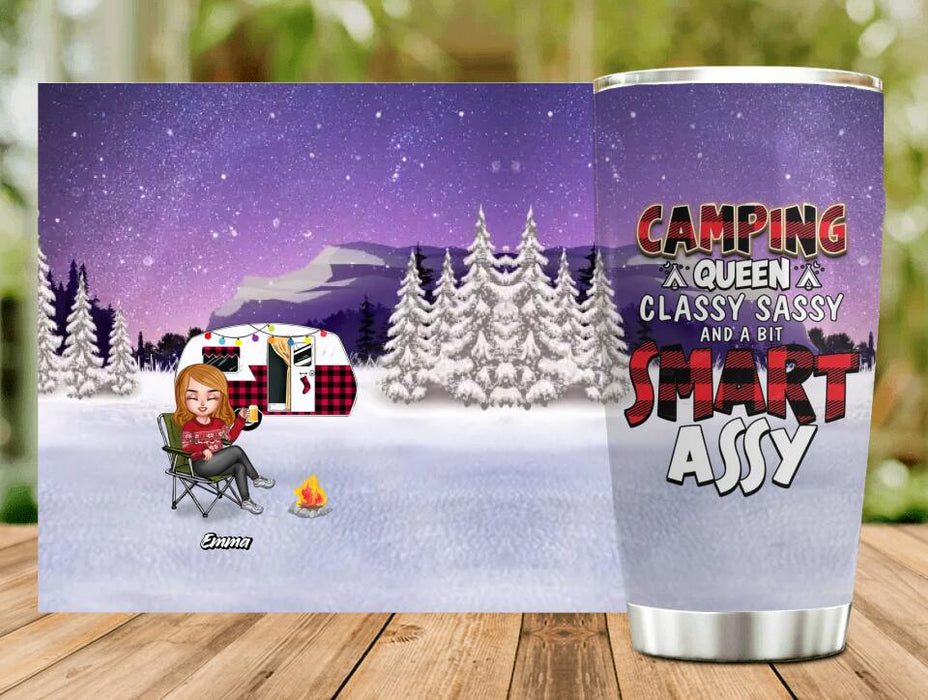 Custom Personalized Xmas Camping Queen Tumbler - Girl With Upto 4 Dogs - Gift Idea For Camping Lover - Camping Queen Classy Sassy And A Bit Smart Assy