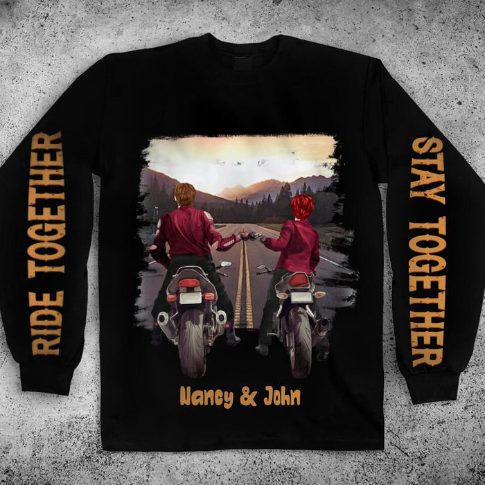 Custom Personalized Biker Couple Long Sleeve Shirt - Gift Idea For Couple/ Bikers - Ride Together Stay Together