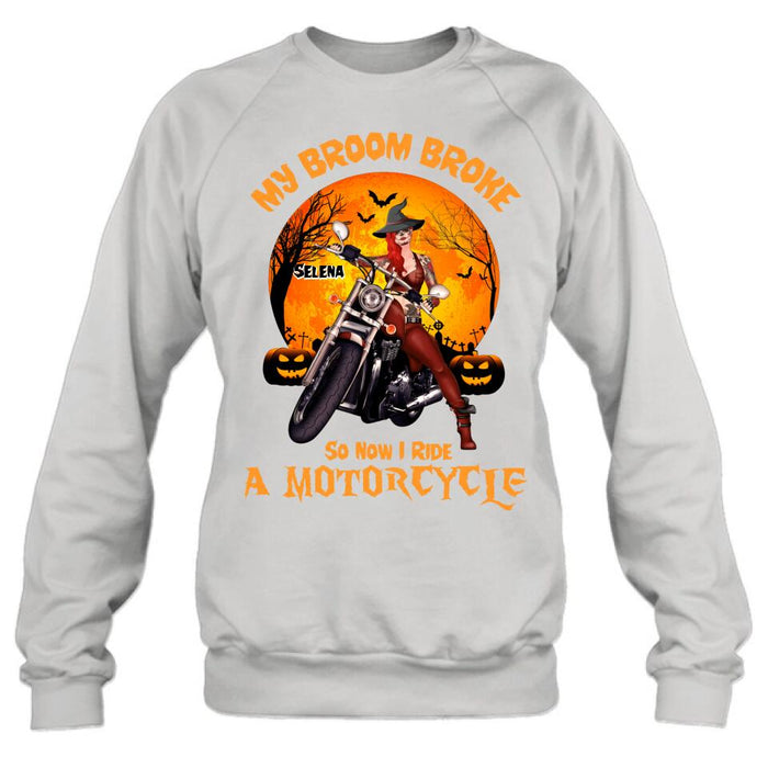 Custom Personalized Witch Biker Shirt - Halloween Gift Idea For Bikers - My Broom Broke So Now I Ride A Motorcycle