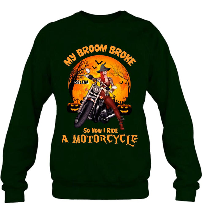 Custom Personalized Witch Biker Shirt - Halloween Gift Idea For Bikers - My Broom Broke So Now I Ride A Motorcycle