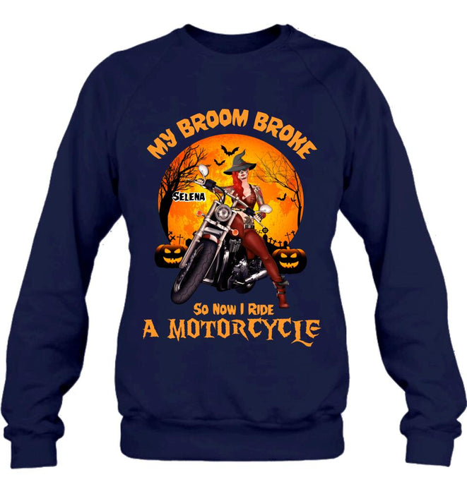 Custom Personalized Witch Biker Shirt - Halloween Gift Idea For Bikers - My Broom Broke So Now I Ride A Motorcycle