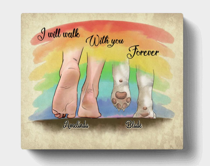 Personalized Horizontal Canvas, Gift for Dog Owners, Dog Mom Dad - Owner's Foot and Dog's Paws Wall-art with Upto 3 Dogs's Paws  - I Will Walk With You Forever