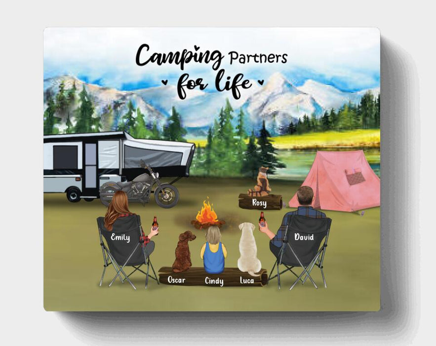Personalized Camping Canvas - Parents with Toddler and 3 Pets - Gift For The Whole Family, Camping Lovers - Camping Partners For Life