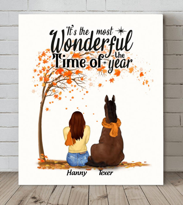 Custom Personalized Horse Mom In Autumn Canvas - Girl With Upto 3 Horses - Gift For Horse Lover - The Most Wonderful Time Of The Year