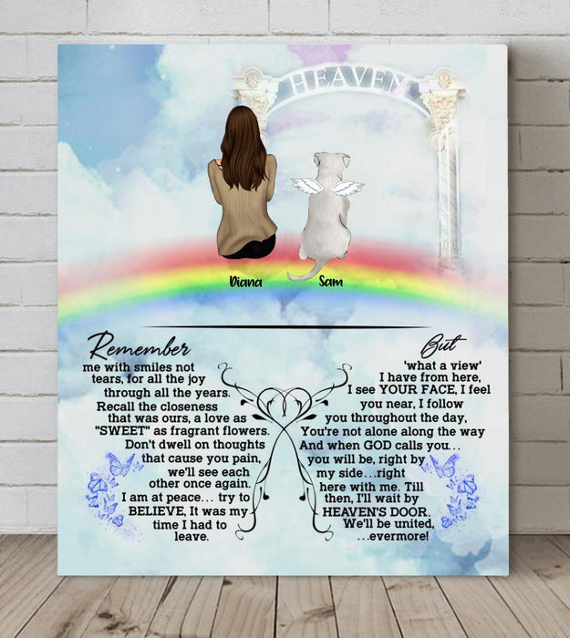 Custom Personalized Memorial Pets Canvas - Man/Woman With Upto 6 Pets - Memorial Gift For Dog Lovers/Cat Lovers - Remember me with smiles not tears - AXSIO5